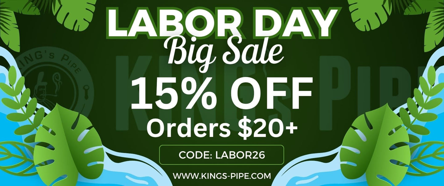 Promotional sale graphic for Kings Pipe featuring large text reading 'LABOR DAY Big Sale 15% OFF Orders $20+' with code LABOR26. This promo is for bongs, vape pens and 510 batteries. 
